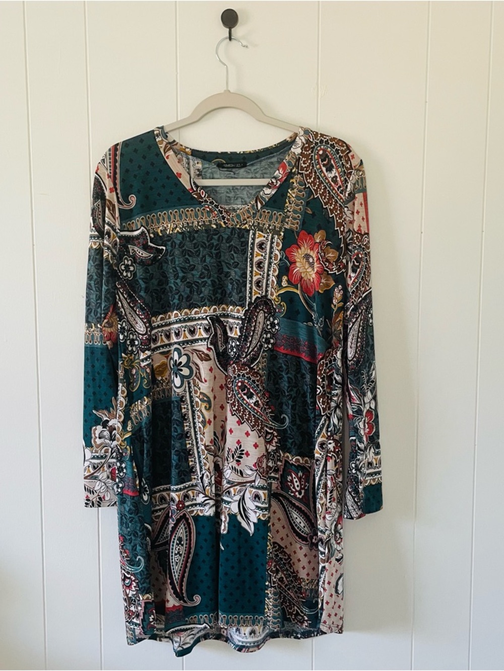 HEIMISH USA Teal Paisley V-Neck Top with Yellow Accents